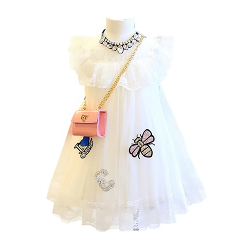 

White Lace Mesh Girls Princess Dress 2019 New Summer Butterfly Kids Party Clothes for Girls A-line Toddler Children Dresses