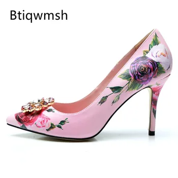 

2019 Rose Flower Pink Pumps For Women Pointed Toe Rhinestone Diamond 6cm 10cm High Heel Shoes Women Fashion Wedding Shoes