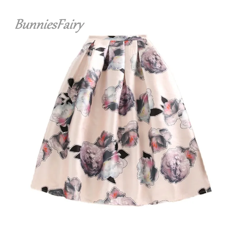 

BunniesFairy 2018 New Elegant Women Vintage Retro Flower Floral Print High Waist Skirt