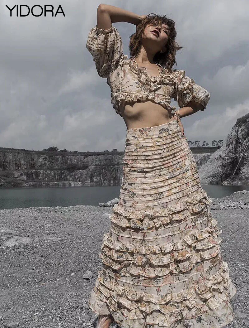 

Top Quality Linen & Silk Ladies 2018 Resort Runway Peach Tapestry Painted Heart Folds Ruffle Painted Hearts Layered Midi Skirt