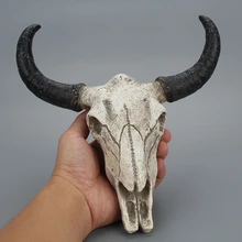 Resin Longhorn Cow Skull Head Wall Hanging Decor 3D Animal Wildlife Sculpture Figurines Crafts Horns For Home Halloween Decor