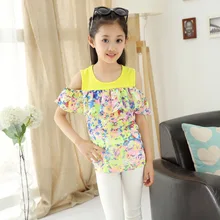 New Children’s Wear Summer Girls Off-the-shoulder Short Sleeves Korean Floral T-shirts Kids Clothing Print
