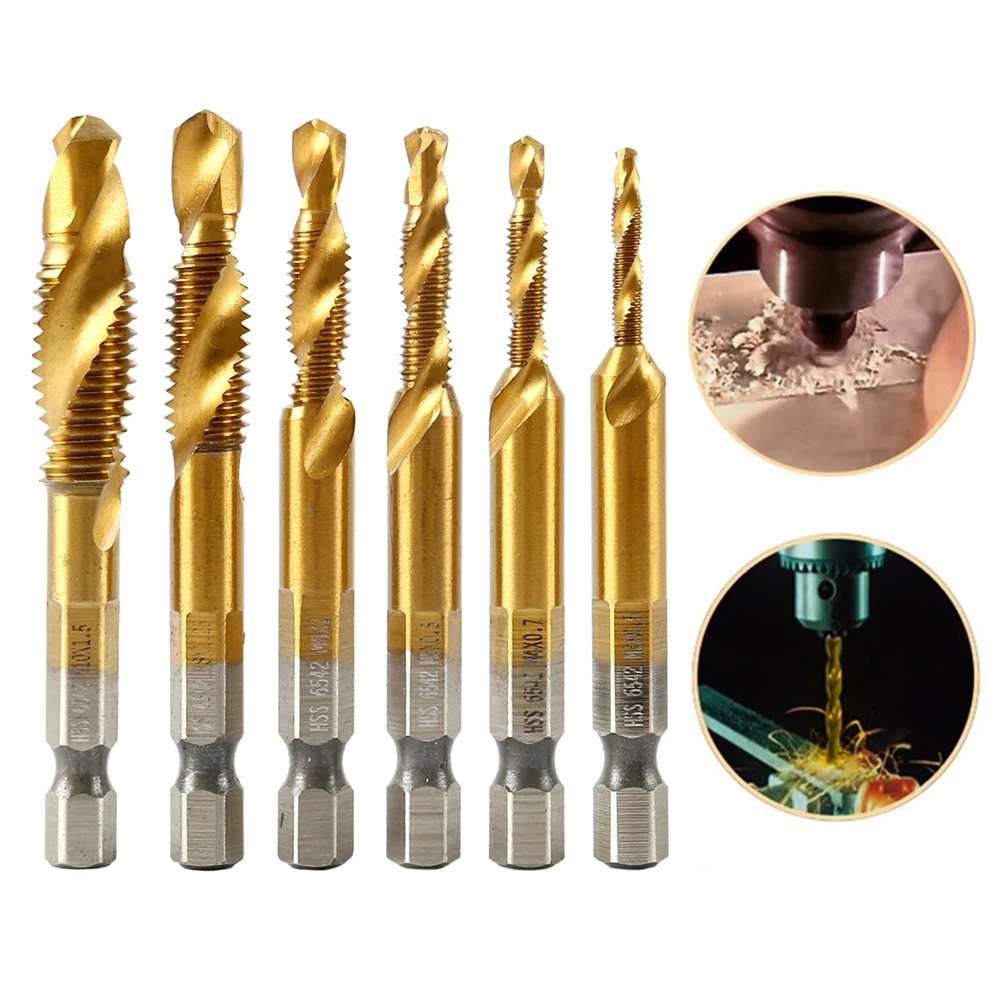 6pcs Metric Combination HSS Taps Screw Titanium Coated Drill Bits 1/4" Hex Shank Thread Taps