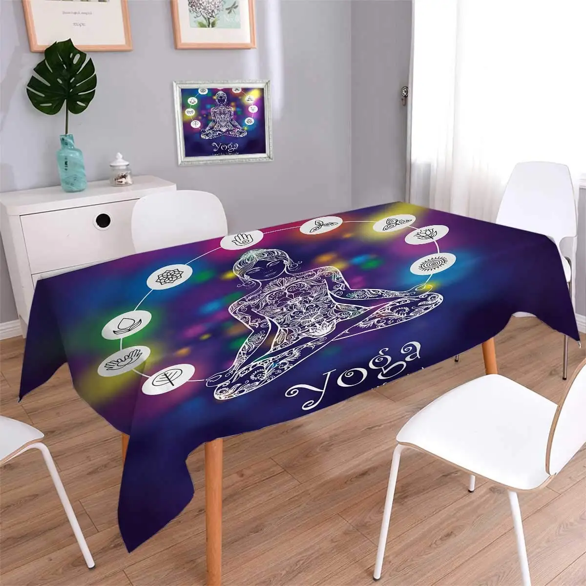 

Yoga Square Patterned Meditating Lotus Pose Woman with Seven Chakra Symbols Abstract Mystic Dust-proof Oblong Tablecloth