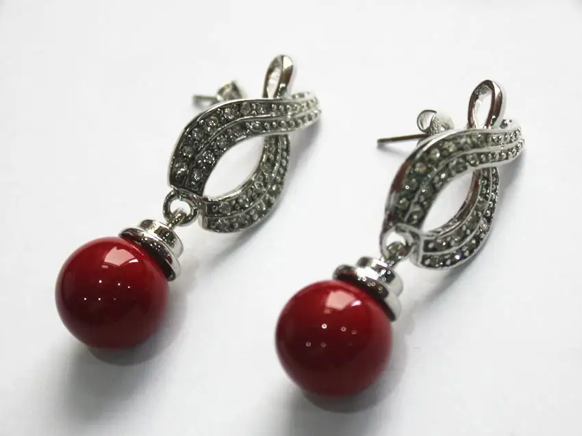 

latest fashion lady's beautiful silver plated leave shape +12mm dark red shell pearl bread earring