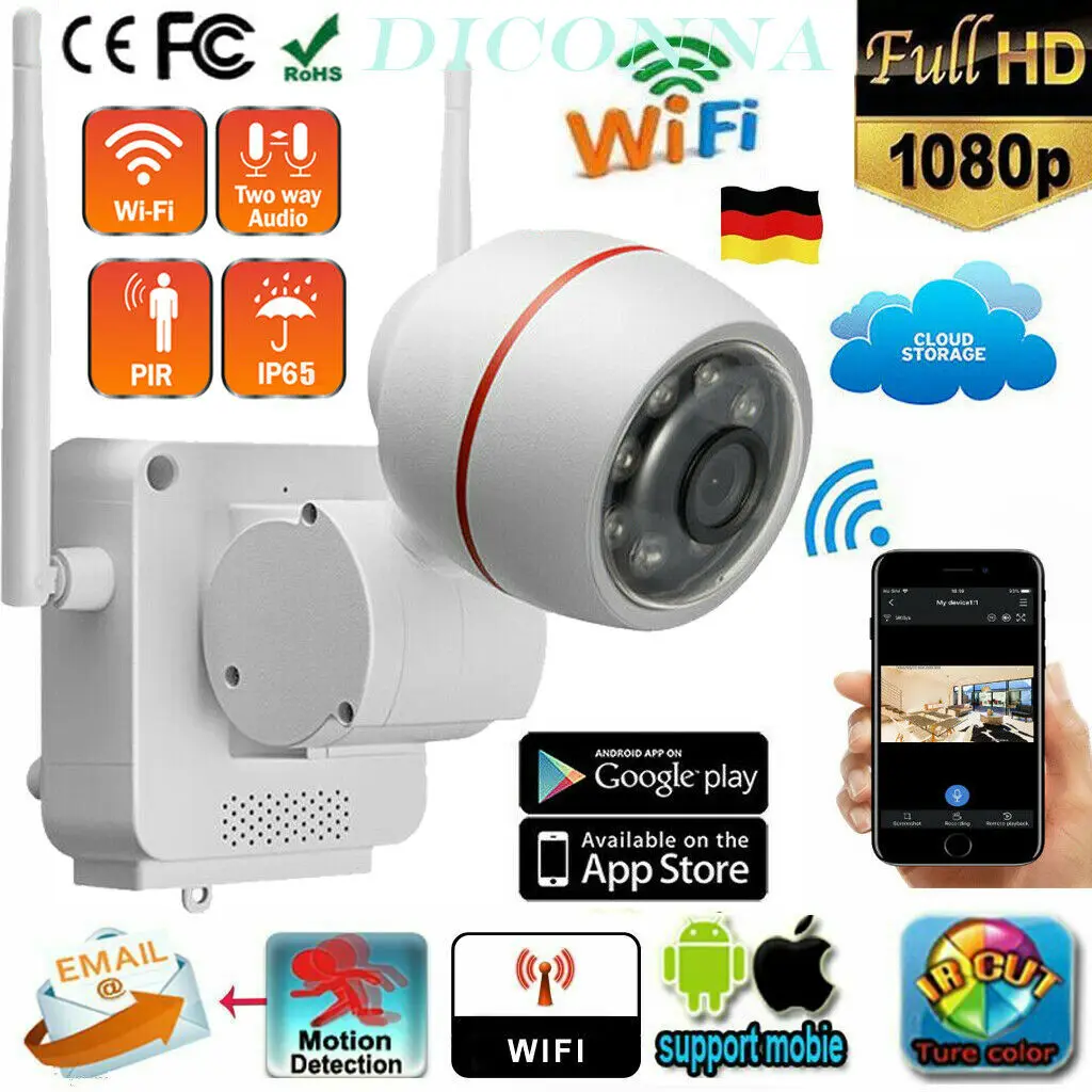 

Wireless 1080P HD WIFI IP Network Camera WLAN Outdoor Home Security IR Night Cloud Storage/ TF Card Storage