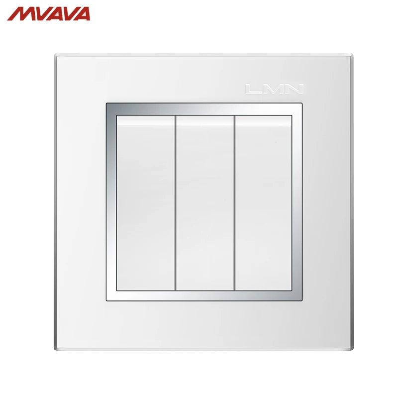 

MVAVA 3 Gang 1 Way Electrical Wiring Push Button Light Wall Switch White Chromed PC Frame Panel Push Switch 16A 110~250V 220V
