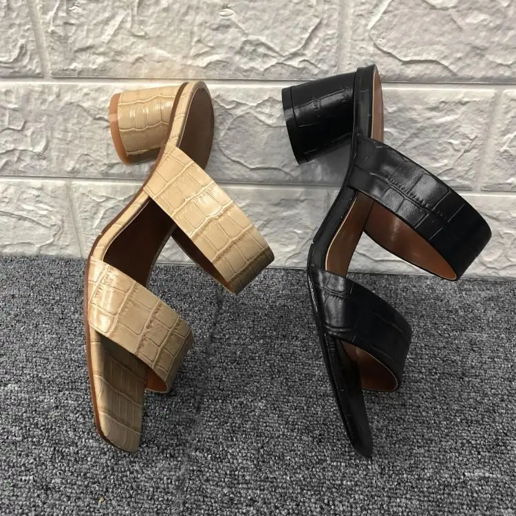 

Luxury Crocodile Embossing Leather Two Buckle Slippers Women Peep Toe Slip On Laides Slides Strange High Heels Mules Shoes Woman