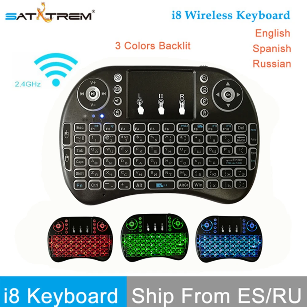 

Satxtrem Mini i8 2.4GHz Wireless Keyboard English Spanish Russian Air Mouse Remote Control Touchpad Backlit For Android TV BOX