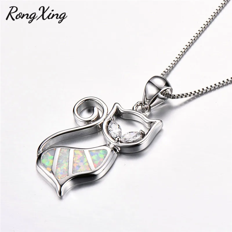 RongXing милый кот Белый/Синий Циркон глаз Белый Огненный Опал Подвески Ожерелья для