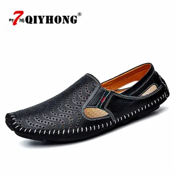 

QIYHONG Brand Cow Split Leather Men Sandals waterproof Summer Flats Shoes Version Daily Breathable Feet Lazy Casual Sandals