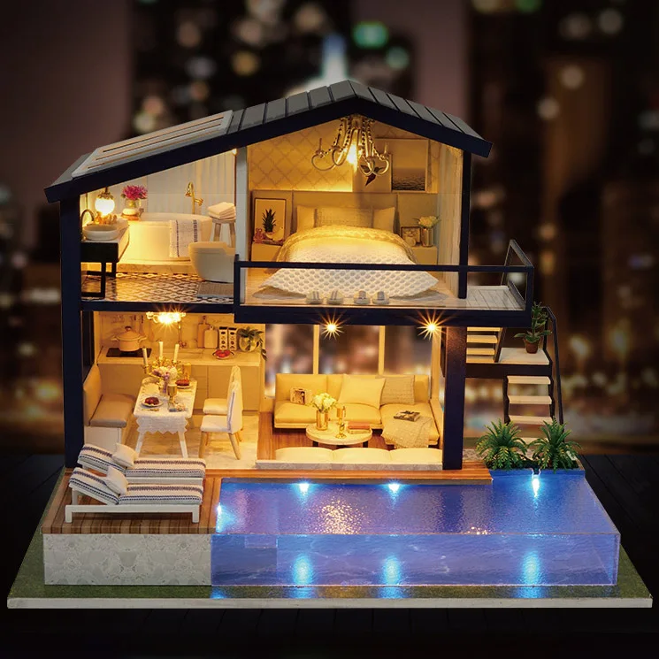 

New Arrival DIY Model Doll House Miniature Dollhouse with Furnitures LED 3D Wooden House Musical Villa House Blocks Handmade