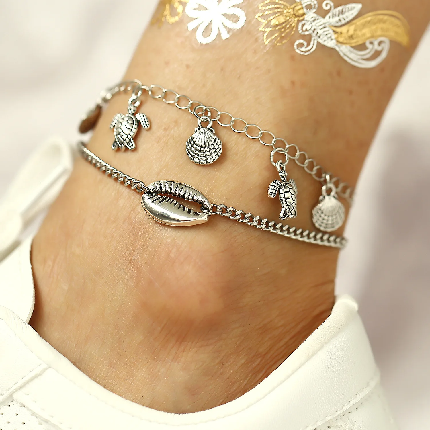 

2 Pcs/set Shell Conch Tortoise Pendant Creative Adjustable Silver Metal Chain Anklet Vintage Fashion Women Jewelry Accessories