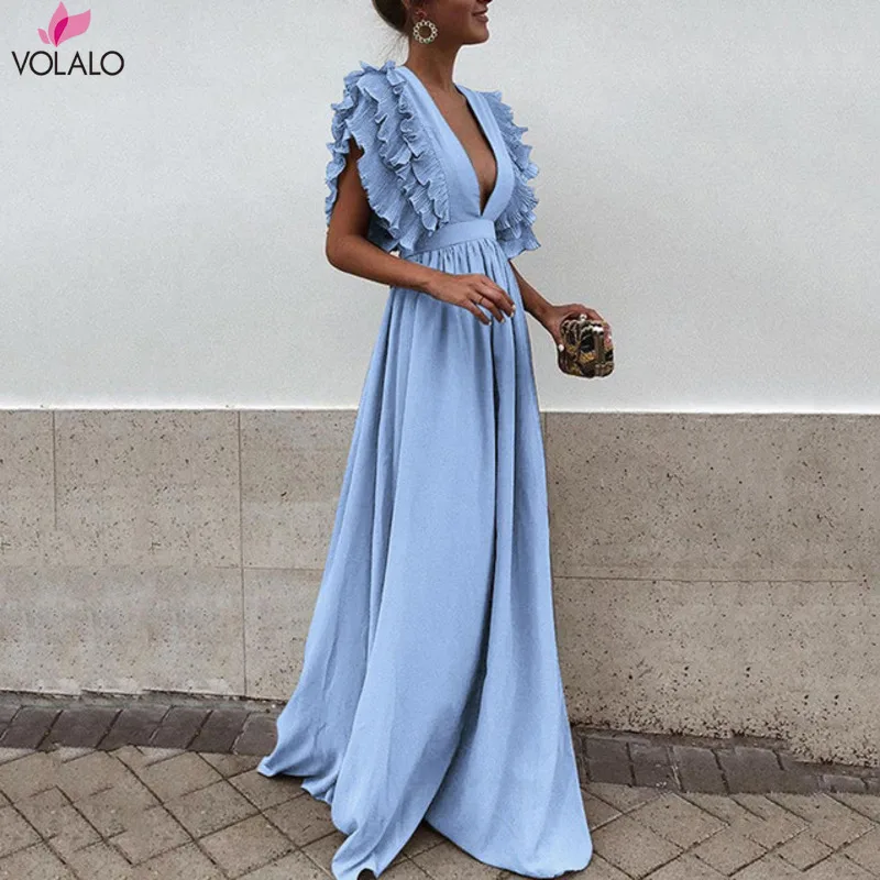 

Women Floor Length Solid Color Party Dress Female 2019 Summer Autumn V Neck Short Sleeve Maxi Long Elegant Sexy Dresses