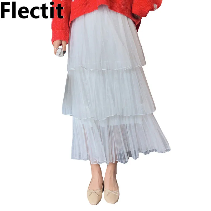 Винтажная многослойная длинная юбка из тюля с рюшами Женская легкая многослойная сетчатая юбка