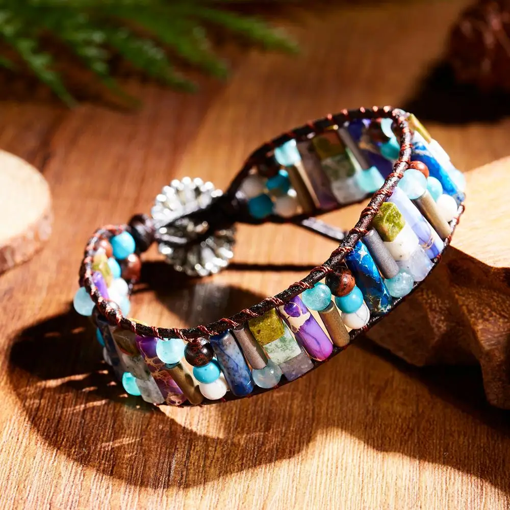 

Rinhoo 1PC Trendy Popular Vintage Tube Shape Natural Stone Leather Rope Chain Bracelet For Women's Fashion Jewelry Gift