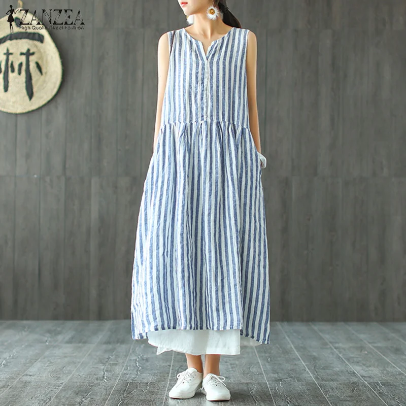 

Fashion ZANZEA Women Striped Dress 2019 Summer Sleeveless Blue Long Shirt Vestido Casaul Cotton Linen Long Maxi Dress Plus Size