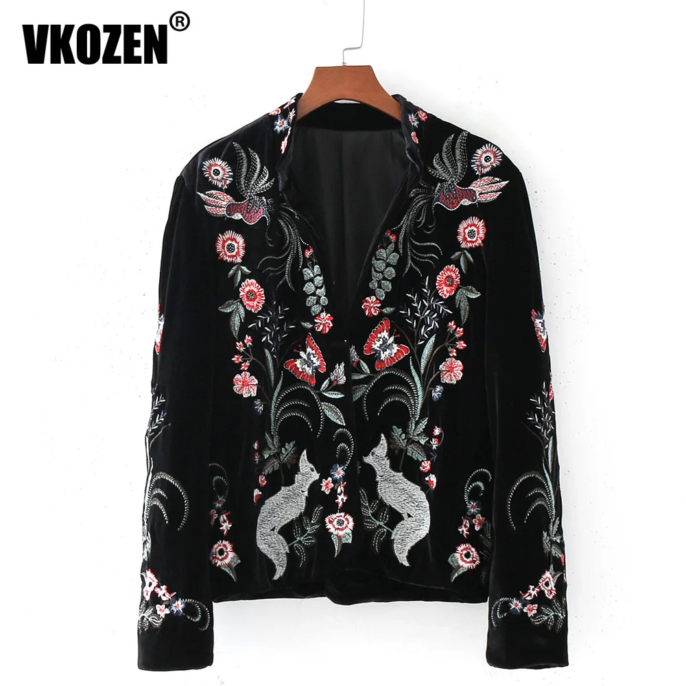 Women Vintage Floral Birds Embroidery Velvet Blazer Jacket V Neck Long