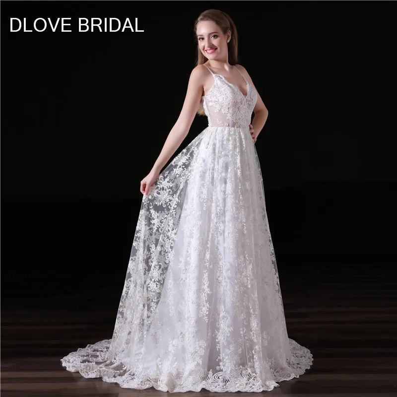 

Spaghetti Strap Wedding Dresses A Line Lace Appliqued Bare Back High Quality Bridal Gown Robe De Mariage New Collection