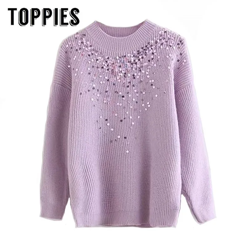 

Sequined Sweater Women Knitting Pullover Sweater 2019 Autumn Winter Jumpers Solid Color Korean Style Women Clothes