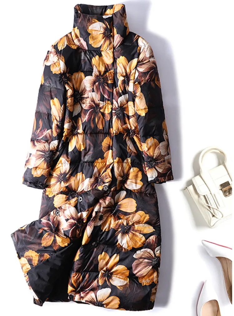 

Women winter 90% white duck overcoat New 2018 Fall winter Turtle Neck floral print Warmth Down coats D828
