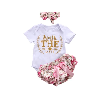 

Newborn Infant Baby Girls 3PCS Summer Set Short Sleeve O-Neck Letter Print White Romper Tops Bow Floral Shorts Headband 0-24M