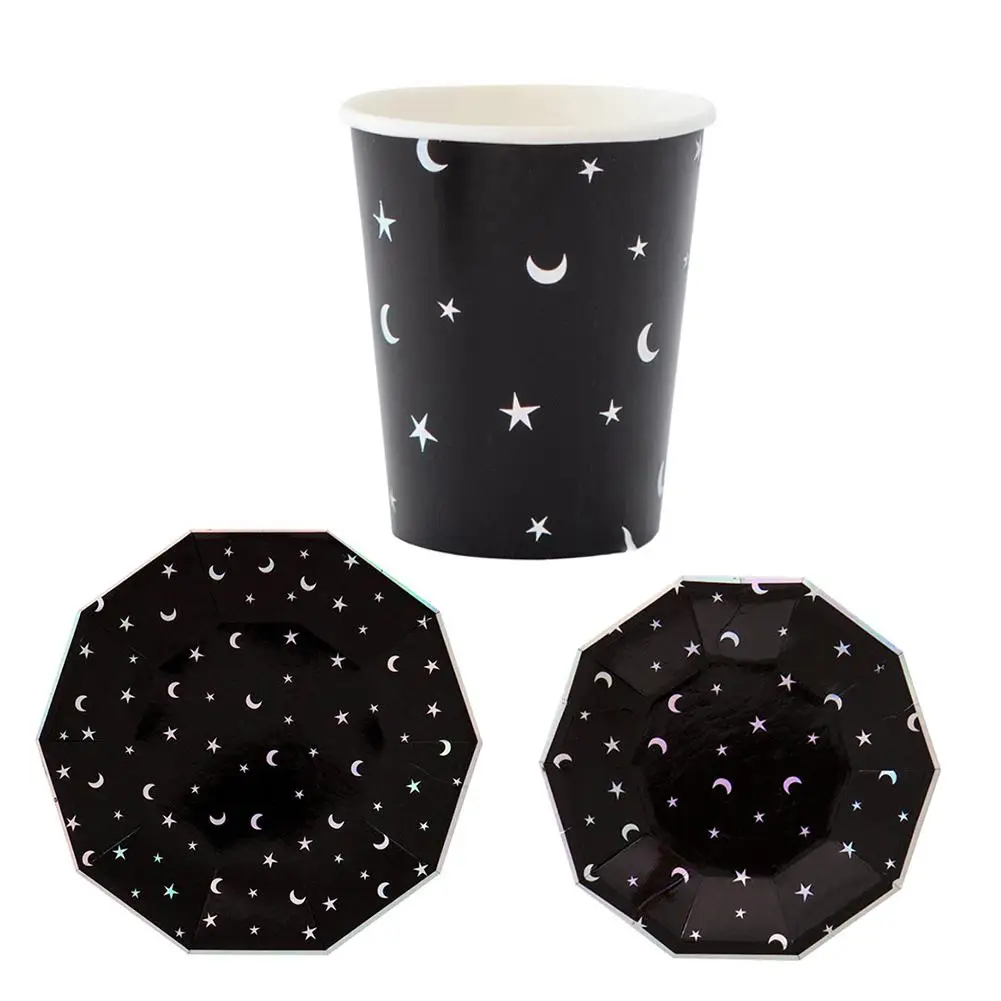 

8Pcs/Bag Black Star And Moon Disposable Tableware Party Decorative Dinner Paper Plates Cups Plate Birthday Party Festival Paper