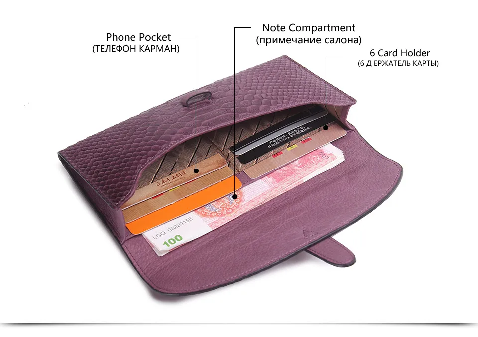 Горячая Распродажа, модный кожаный клатч со змеиным принтом, складные кошельки из натуральной кожи, Женский кошелек из воловьей кожи, Длинный кошелек фиолетового цвета
