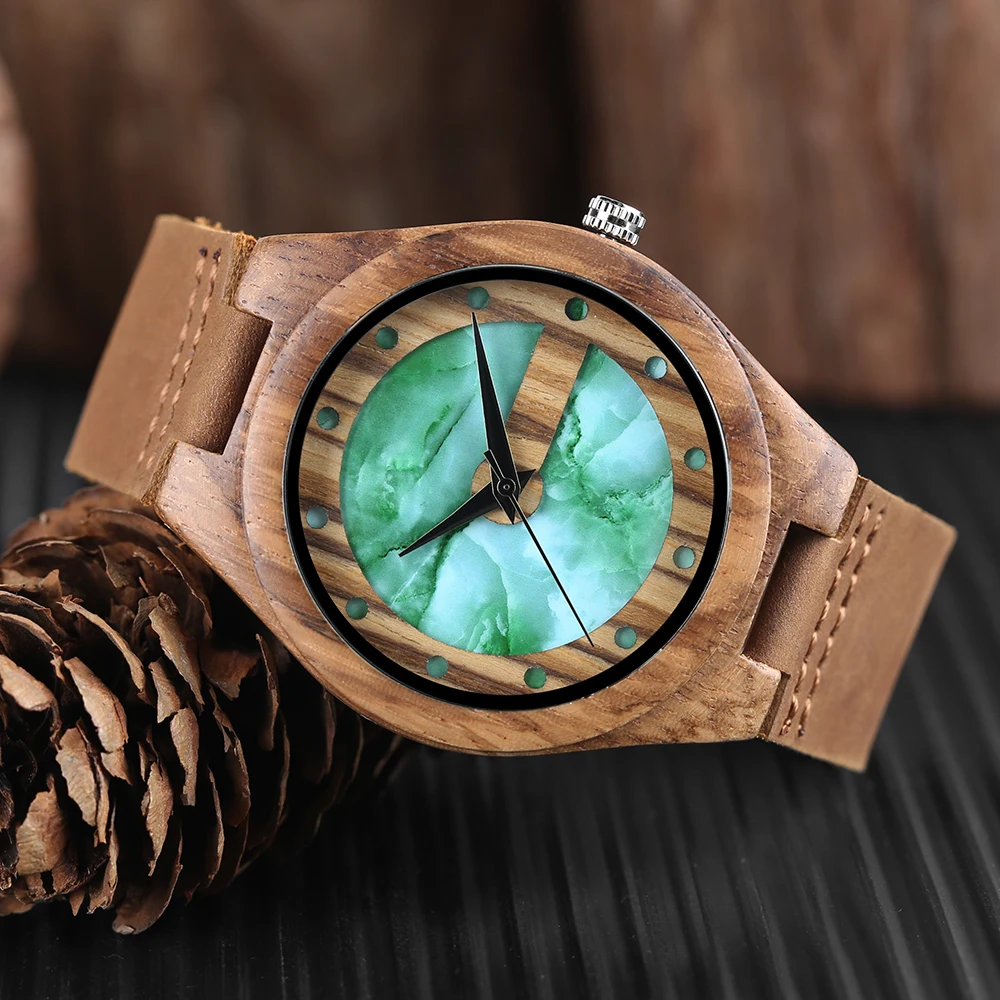 Natural Bamboo Wood Wrist Watch Special Marble Dial Bangle Quartz Watches Genuine Leather Watch Strap Men Women Clock Relogio (9)
