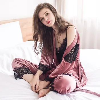 

Pajamas For Women Winter Autumn Sexy V-Neck Sleepwear 3 Piece Suit Long Sleeve Velvet Pajama Set Femme Lace Homewear
