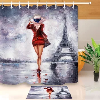 

LB Fashion Girl & Paris Tower Shower Curtains Bathroom Curtain European Style Landscape Waterproof Fabric For Art Bathtub Decor