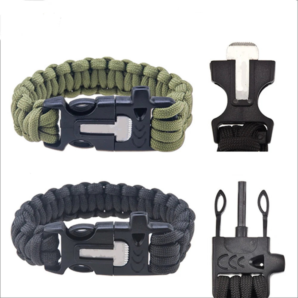 4 in 1 Survival Flint Fire starter paracord Whistle Gear Buckle Camping ignition Equipment rescue rope escape Bracelet kit