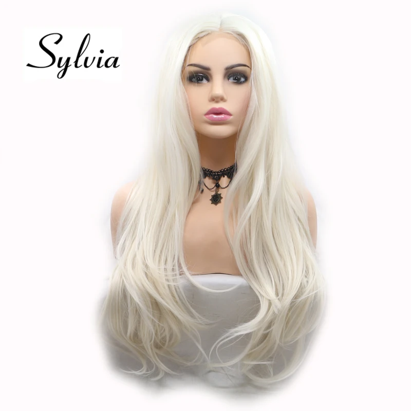 Sylvia 60# блонд Белый синтетический U Часть Кружева передние парики тела волна средняя часть термостойкие волокна волос для женщин