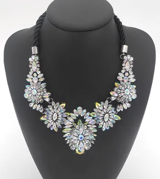 

PPG&PGG Women Fashion Bijoux Black Rope Chain Mixed Rhinestone Flower Statement Crystal Choker Necklaces