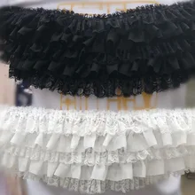 Borde de encaje con volantes hecho a mano, accesorios de tela de encaje plisado recorte, 5 capas de gasa negro/blanco