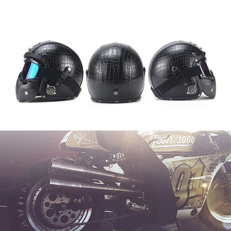 For Motorcycle Helmets 3/4 Open Helmet PU Leather + Goggle Mask Vintage Style XL