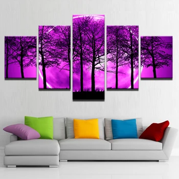 

Print Abstract Pictures Decor Framework 5 Pieces Purple Moon Psychedelic Forest Night Scene Modular HD Canvas Paintings Wall Art