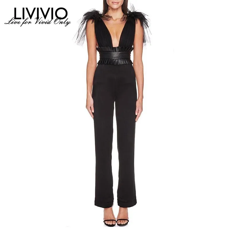 [LIVIVIO] Mesh Patchwork Sexy Jumpsuit Women V Neck Off Shoulder Backless High Waist Tunic Tops Patns Female Fashion