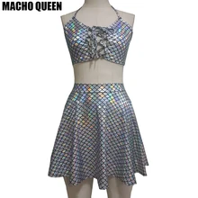 Голографическая русалка весы юбка Фестивальная одежда, комплекты одежды, комплект: укороченный топ и юбка Высокая талия с коротким и широким подолом, юбка