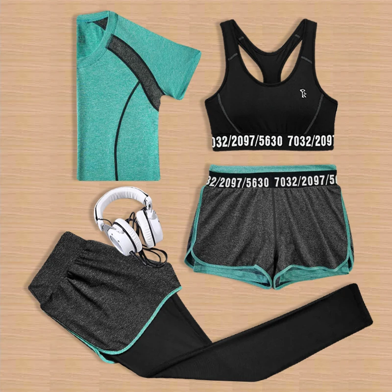 

Women 4 piece yoga sets bra+t shirt+shorts+pants sport women gym clothing jogging femme sports wear for women gym clothing
