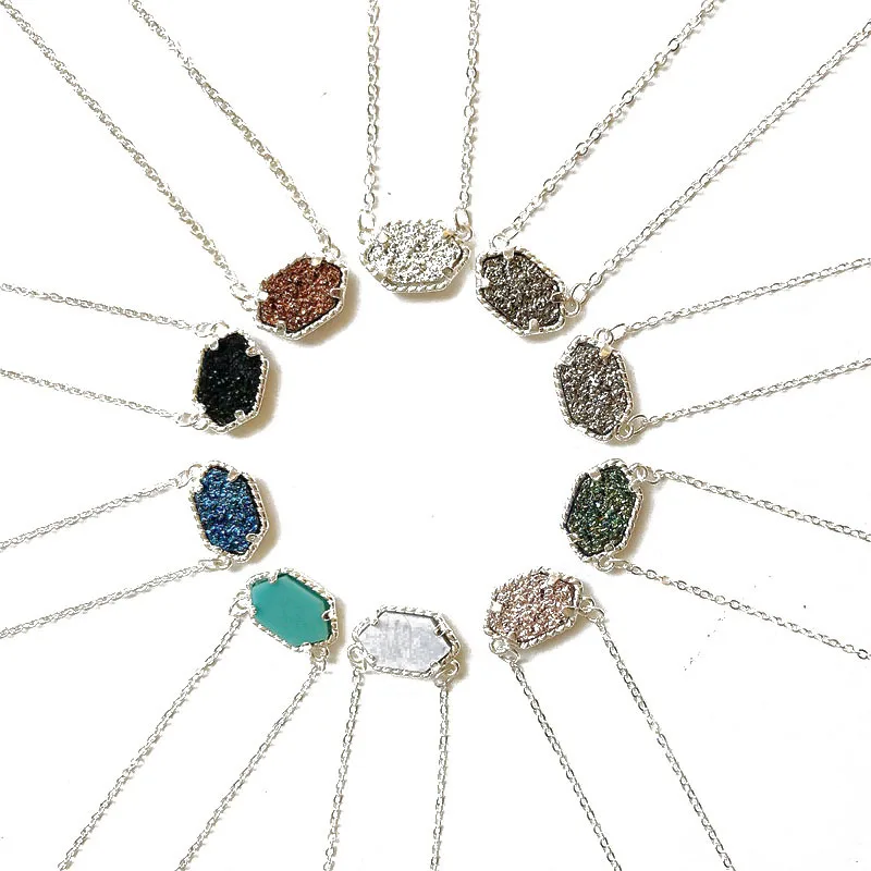 16 вариантов Смола Drusy Druzy Кулон ожерелье совпадающие модные геометрические шестиугольные Серьги Золото Серебро Цвет брендовые ювелирные изделия для женщин