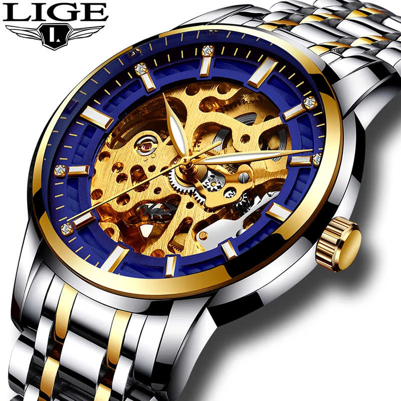 

2017 Watches men full steel Skeleton Automatic mechanical watch luxury brand LIGE waterproof business dress wristwatch gold blue