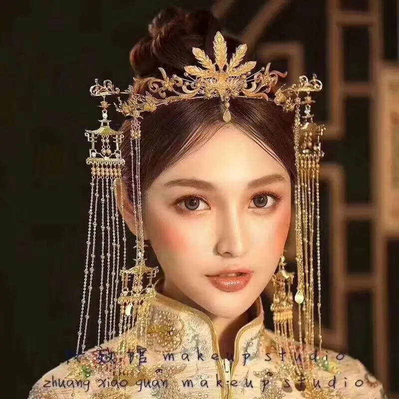 

bride new style ancient costume headwear Chinese wedding hair Phoenix crown palace retro TASSEL EAR set