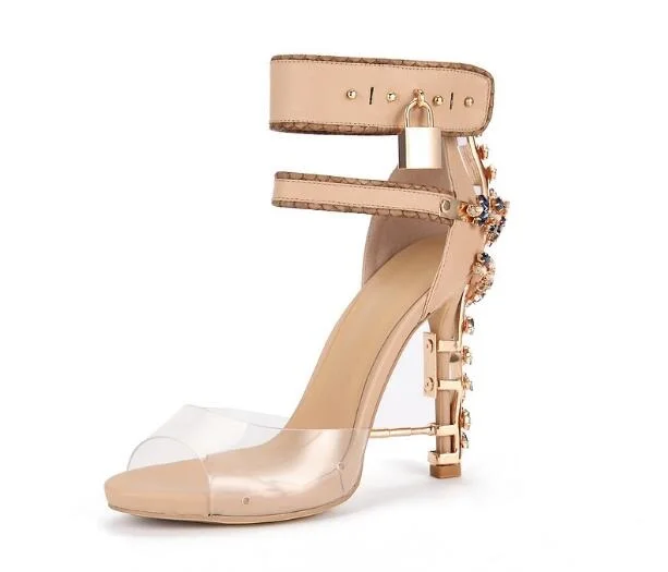 

Gorgeous Crystal Embellished Sandals Noble Padlock Strange Heel Ankle Wrap Shoes Woman Summer Gladiator Sandals Boots Size 10