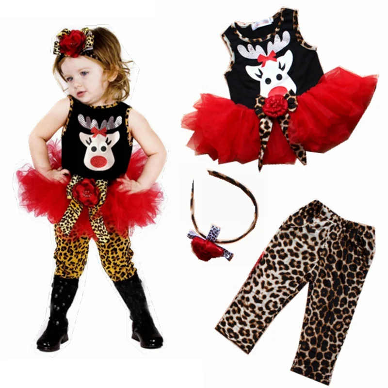 Hot Sale Cute Deer Childrens Christmas Costumes Baby Dress Leopard