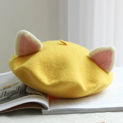 Ручной шерстяного фетра с кошачьими ушками береты express; meow родитель-ребенок почки шляпа - Цвет: yellow