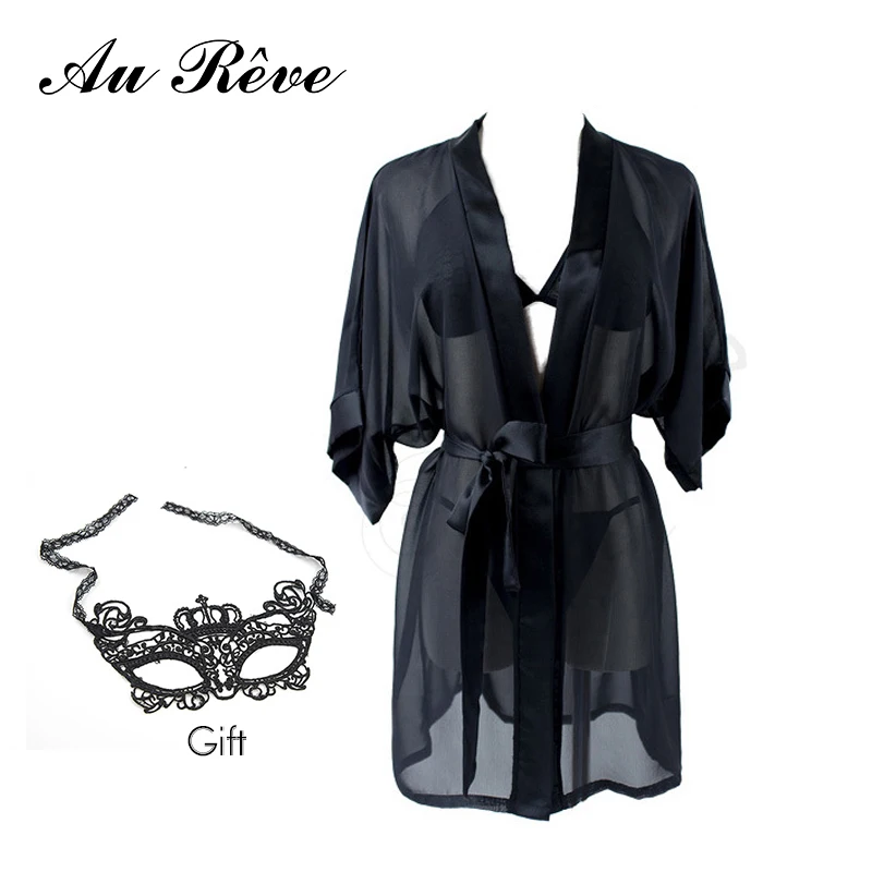Au Reve Sexy Chiffon Black Lingerie Transparent Erotic Sleep Wear Clothes Female Bathrobe Temptation Nightwear Costume Mask Gift