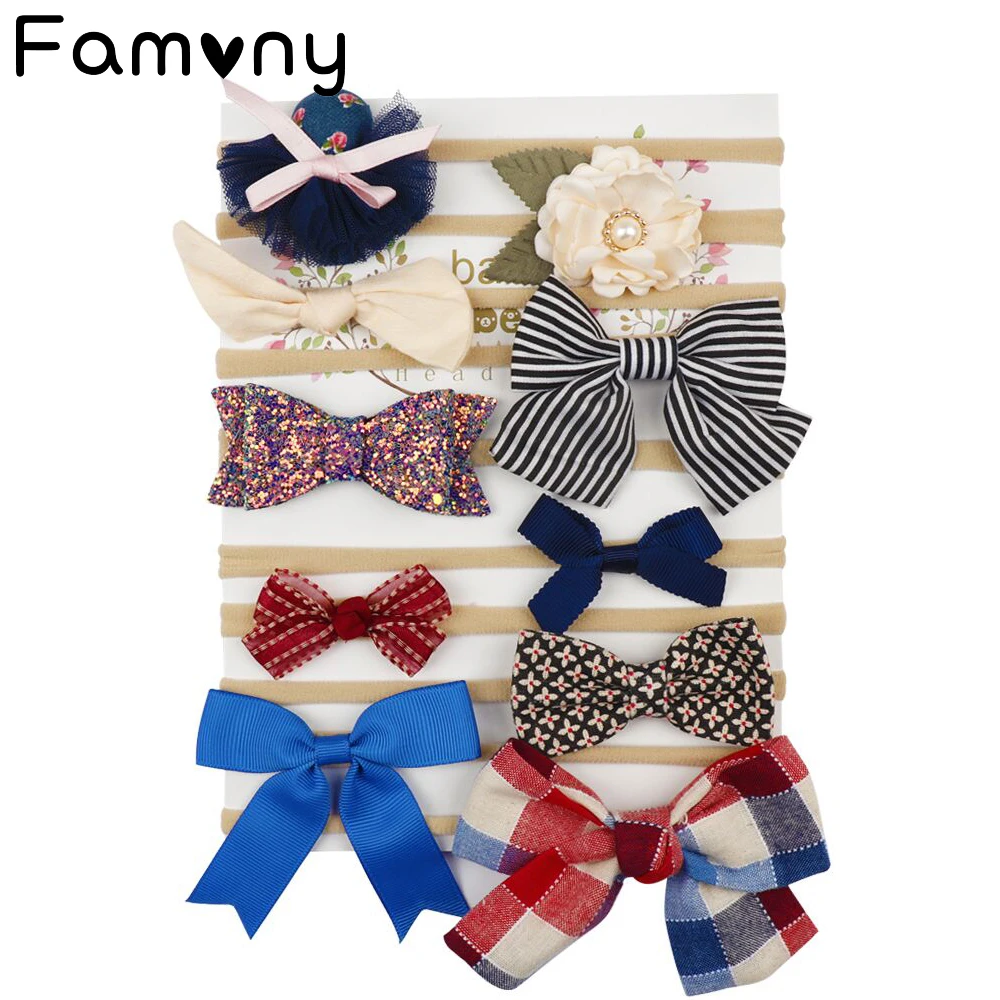

10 Pcs Baby Headband Set Solid Nylon Elastic Baby Hairband for Girls Hair Bow Glitter Leather Dot Flower Girls Hair Accessories