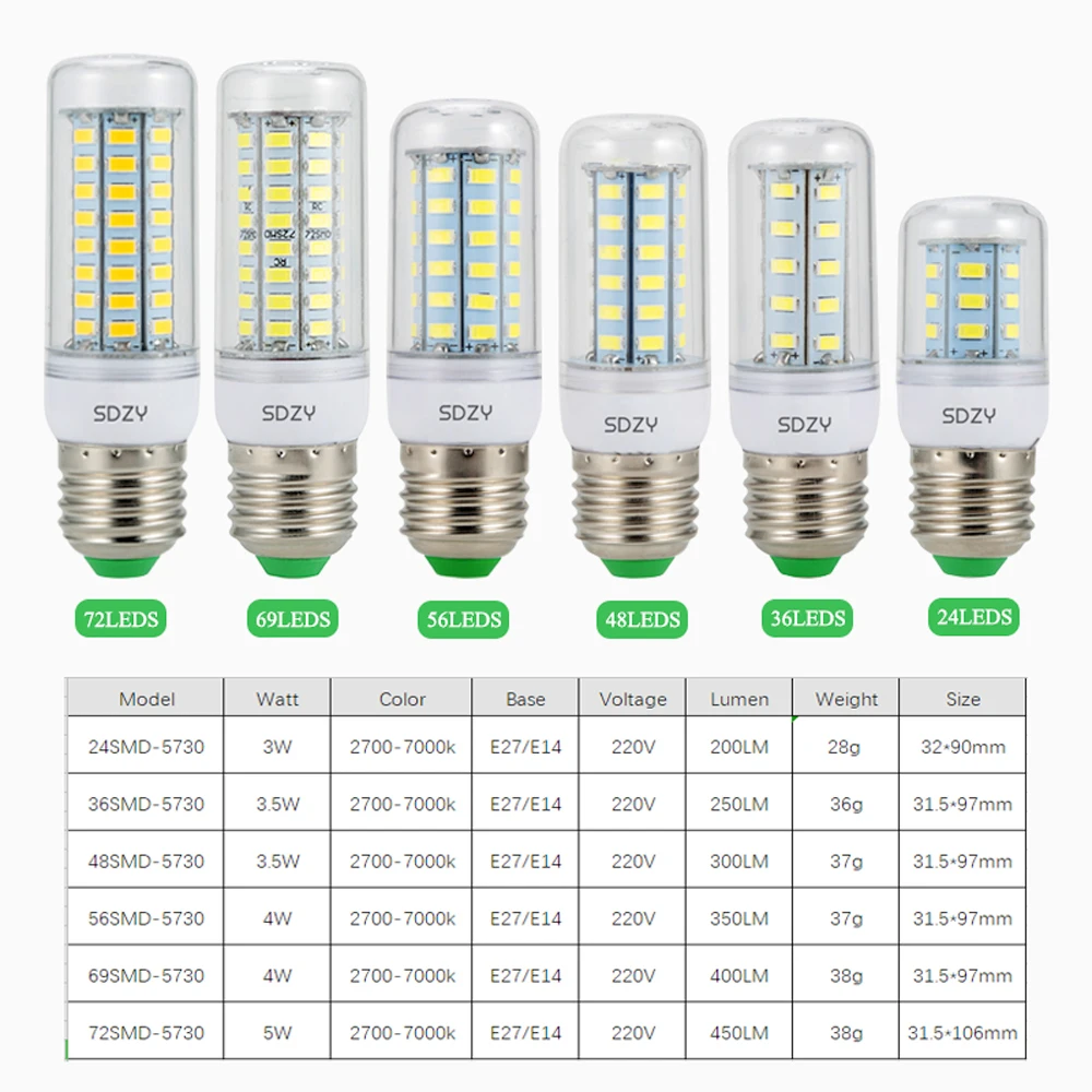 Светодиодный лампы высокой Яркость E27 E14 24 36 48 56 69 72 светодиодный S SMD 5730 дневного света светодиодный кукурузная Лампа 220V с двумя подковообразными нагревающими элементами светодиодный светильник e27 e14