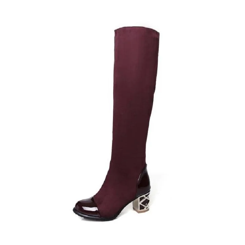 New Nice Japanned Leather Patchwork Knee High Women Motorcycle Boots Elastic Thick Heel Riding Shoes Woman Big Size 26-62 | Обувь